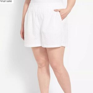Lane Bryant White Eyelet High Rise 100 Cotton Denim Pull on Shorts Pockets Sz 22